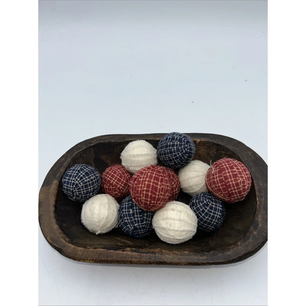 Primitive Americana Gingham Rag Balls Set of 12 Red White Blue Bowl Filler